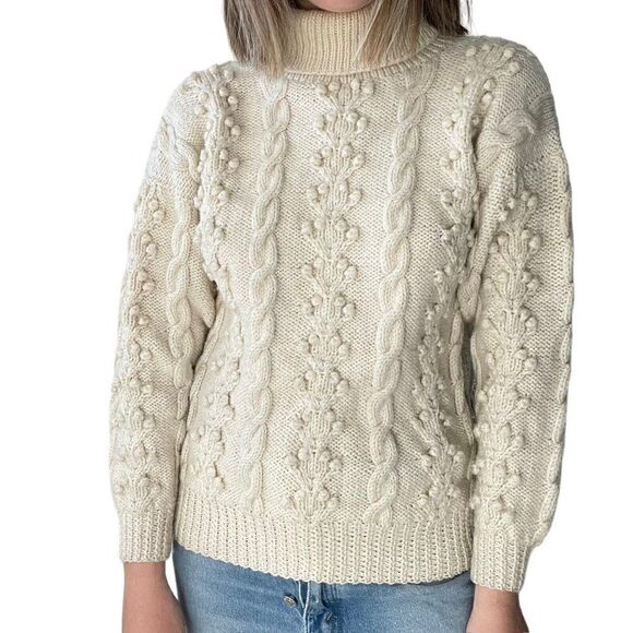 Vintage Hand Knit White Wool Chunky Fisherman Turtleneck Bobble Sweater Sz M - Picture 9 of 10